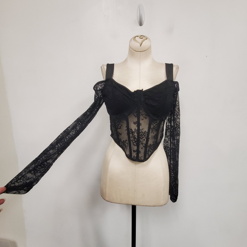 Coquette Dark Romantic Boned Basque Waist Lace Sheer Corset Top Size S Black